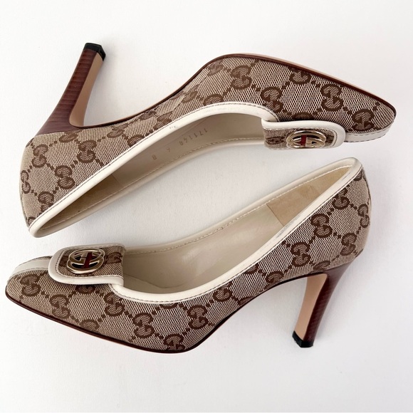 GUCCI || Vintage Supreme Monogram Canvas GG Interlocking Gold Logo Heel Pump 6 - Picture 12 of 16